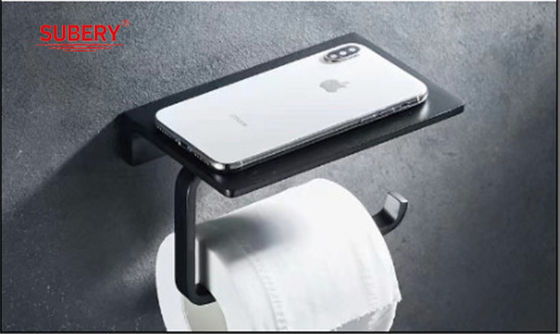 Porte-papier de toilette monté sur le mur de couleur noire avec étagère pour téléphone portable