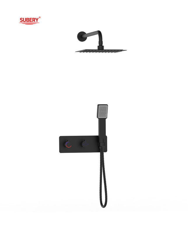 Levier unique caché dans le mur Mélangeur de bain ou de douche avec déviateur Douche de pluie Douche manuelle Bain Mat Crane en laiton noir