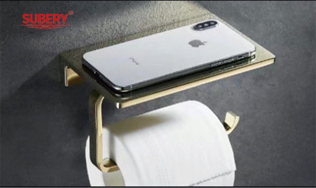 Porte-papiers pour toilettes en zinc monté sur le mur Porte-papiers pour tissus Porte-papiers en rouleau Porte-papiers de couleur dorée Avec étagère de téléphone portable